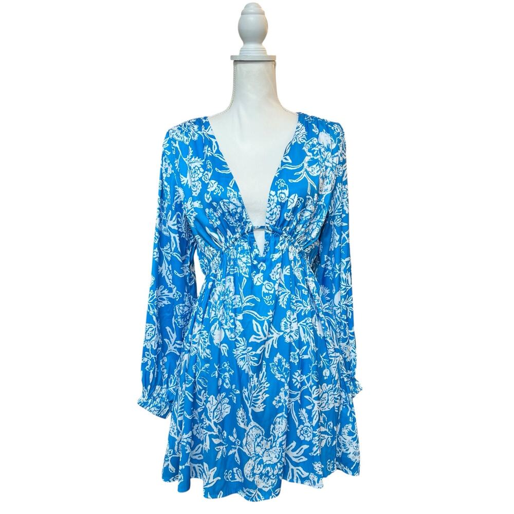 Free People Blue White Floral Tie Back Babydoll Blouse Top Size Small Boho Style